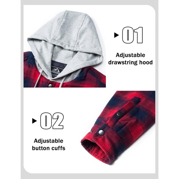🆕 Men Red Flannel Shirt Jacket Quilted Lined Winter Warm Coat Button Up Hoodie - Picture 5 of 6